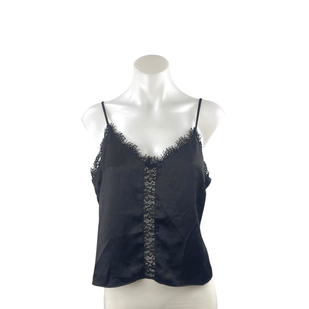 Open Edit Women Black Satin Lace V Neck Sleeveless Crop Lingerie Cami Tank Top L
